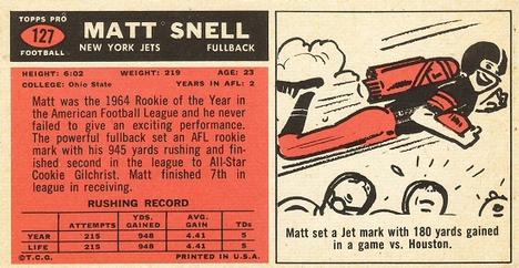 1965 Topps #127 Matt Snell Back