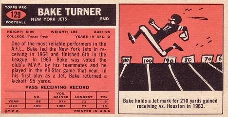 1965 Topps #129 Bake Turner Back