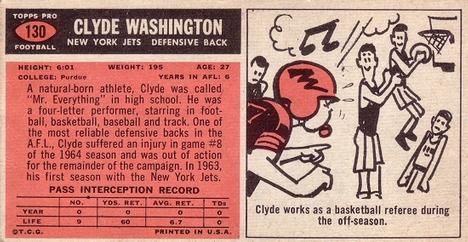 1965 Topps #130 Clyde Washington Back