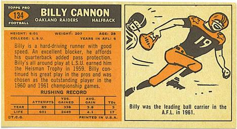 1965 Topps #134 Billy Cannon Back