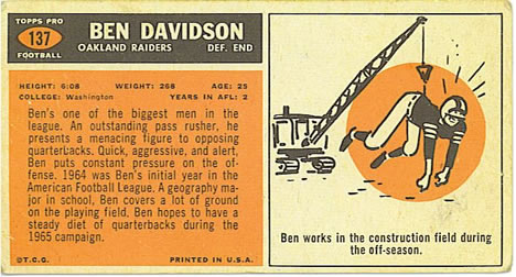 1965 Topps #137 Ben Davidson Back