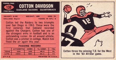 1965 Topps #138 Cotton Davidson Back