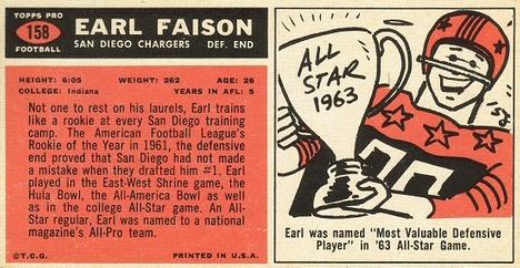 1965 Topps #158 Earl Faison Back