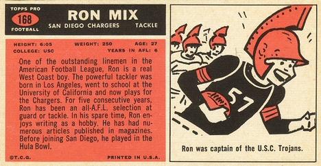 1965 Topps #168 Ron Mix Back