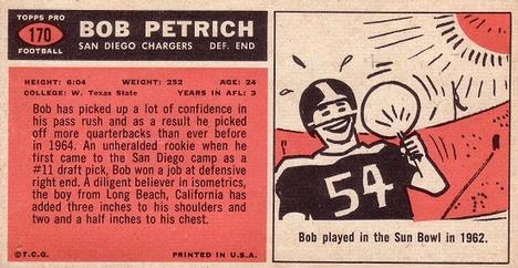 1965 Topps #170 Bob Petrich Back