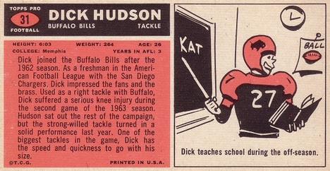 1965 Topps #31 Dick Hudson Back