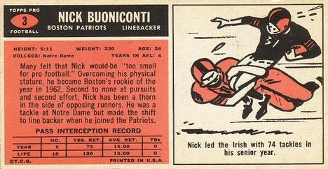1965 Topps #3 Nick Buoniconti Back