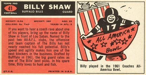 1965 Topps #41 Billy Shaw Back