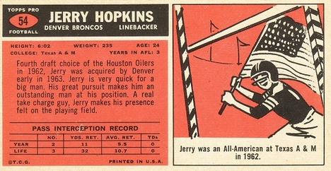 1965 Topps #54 Jerry Hopkins Back