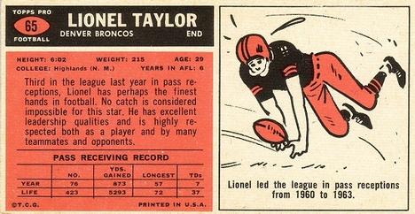 1965 Topps #65 Lionel Taylor Back