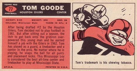 1965 Topps #77 Tom Goode Back