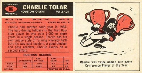 1965 Topps #86 Charlie Tolar Back