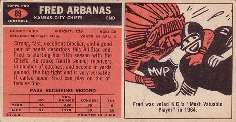 1965 Topps #89 Fred Arbanas Back