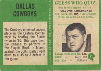 1966 Philadelphia #53 Dallas Cowboys Back