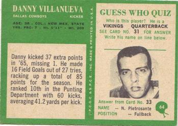 1966 Philadelphia #64 Danny Villanueva Back