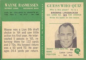 1966 Philadelphia #74 Wayne Rasmussen Back