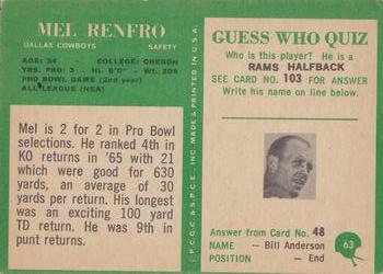 1966 Philadelphia #63 Mel Renfro Back