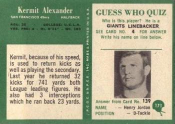 1966 Philadelphia #171 Kermit Alexander Back