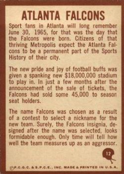 1967 Philadelphia #12 Falcons Insignia Back