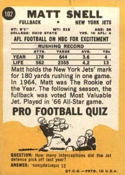 1967 Topps #102 Matt Snell Back