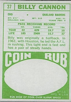 1968 Topps #37 Billy Cannon Back