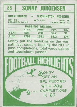 1968 Topps #88 Sonny Jurgensen Back