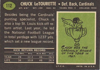 1969 Topps #112 Chuck Latourette Back