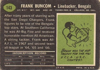 1969 Topps #143 Frank Buncom Back