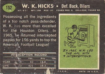 1969 Topps #152 W.K. Hicks Back