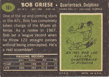 1969 Topps #161 Bob Griese Back
