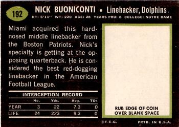 1969 Topps #192 Nick Buoniconti Back