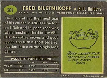 1969 Topps #201 Fred Biletnikoff Back