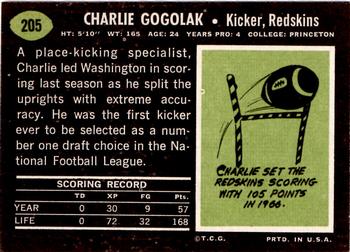 1969 Topps #205 Charlie Gogolak Back