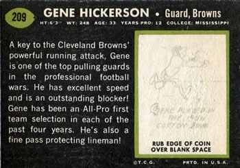1969 Topps #209 Gene Hickerson Back