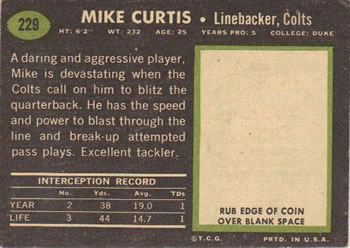 1969 Topps #229 Mike Curtis Back