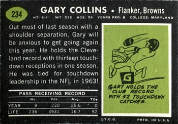 1969 Topps #234 Gary Collins Back