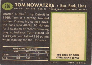 1969 Topps #236 Tom Nowatzke Back