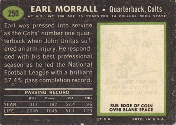 1969 Topps #250 Earl Morrall Back