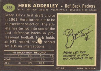 1969 Topps #255 Herb Adderley Back