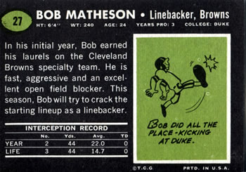 1969 Topps #27 Bob Matheson Back