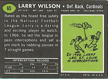 1969 Topps #65 Larry Wilson Back