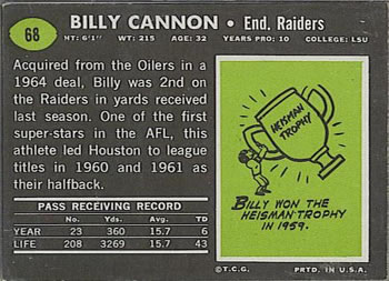 1969 Topps #68 Billy Cannon Back