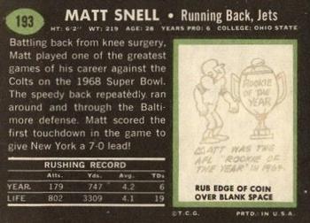 1969 Topps #193 Matt Snell Back