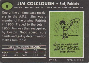 1969 Topps #8 Jim Colclough Back