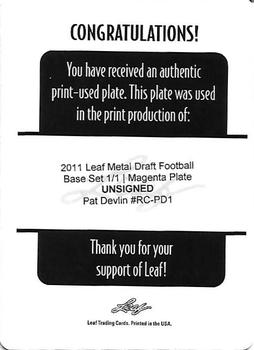 2011 Leaf Metal Draft - Printing Plates Magenta #RC-PD1 Pat Devlin Back