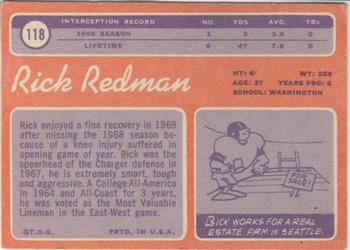 1970 Topps #118 Rick Redman Back
