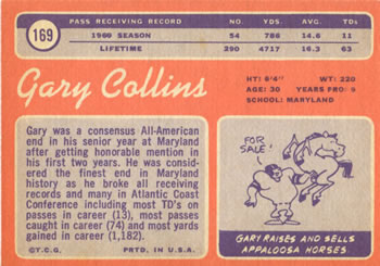1970 Topps #169 Gary Collins Back