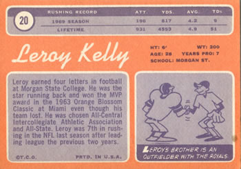 1970 Topps #20 Leroy Kelly Back