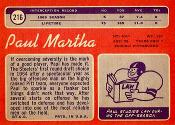1970 Topps #216 Paul Martha Back