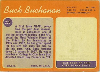 1970 Topps #220 Buck Buchanan Back